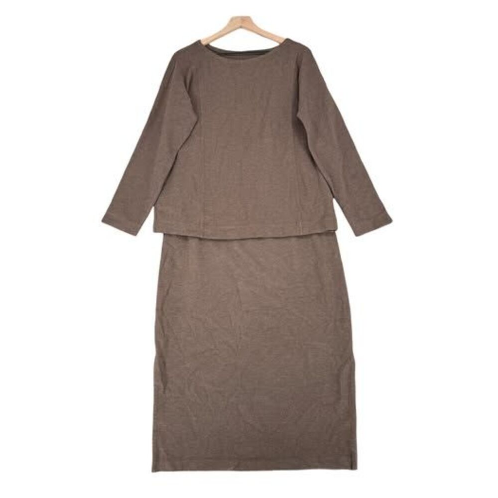 J Jill Pure Jill Top Skirt Set Large Mocha Brown Textured Knit Maxi Minimalist - Picture 2 of 10